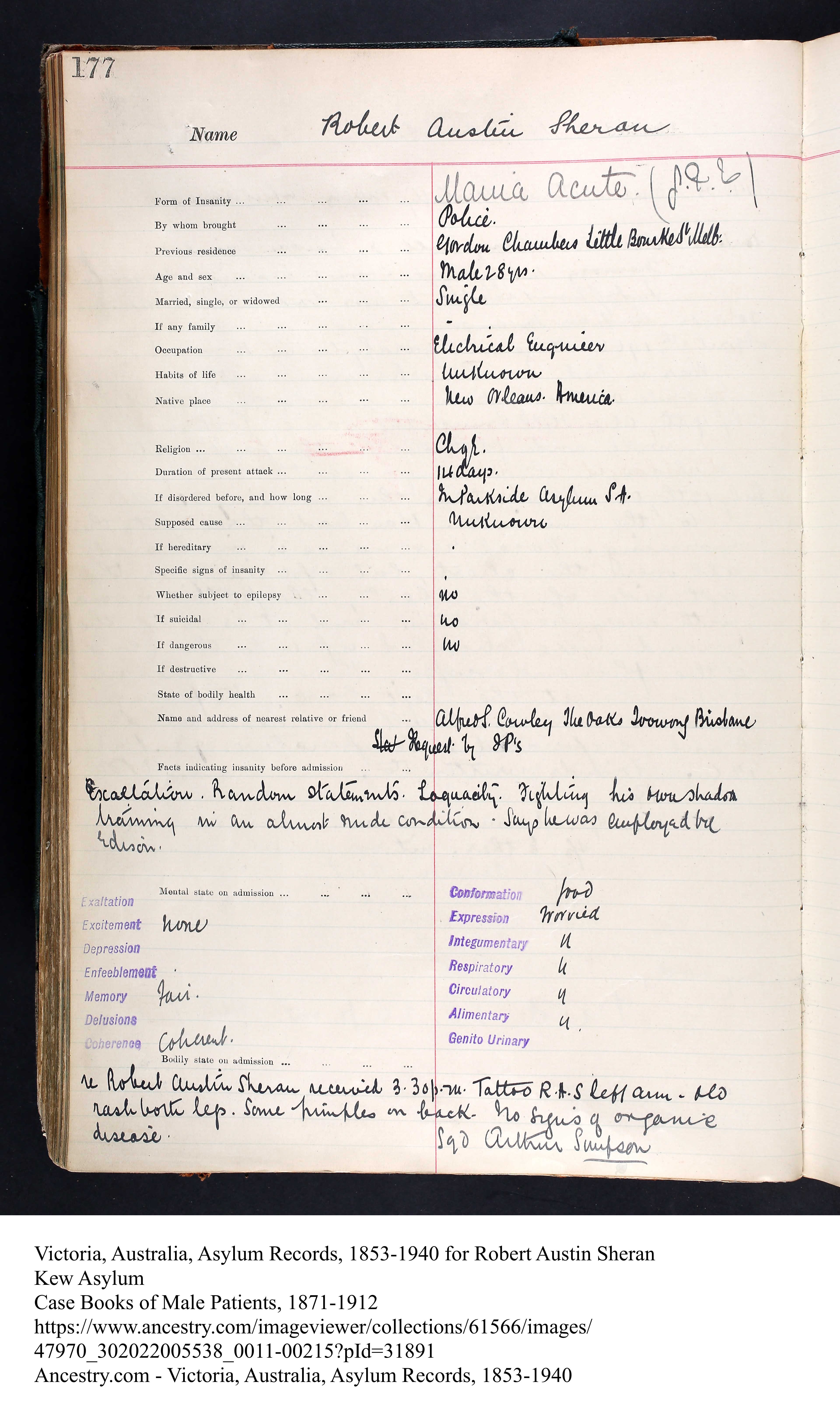 Kew Asylum Record Page 1