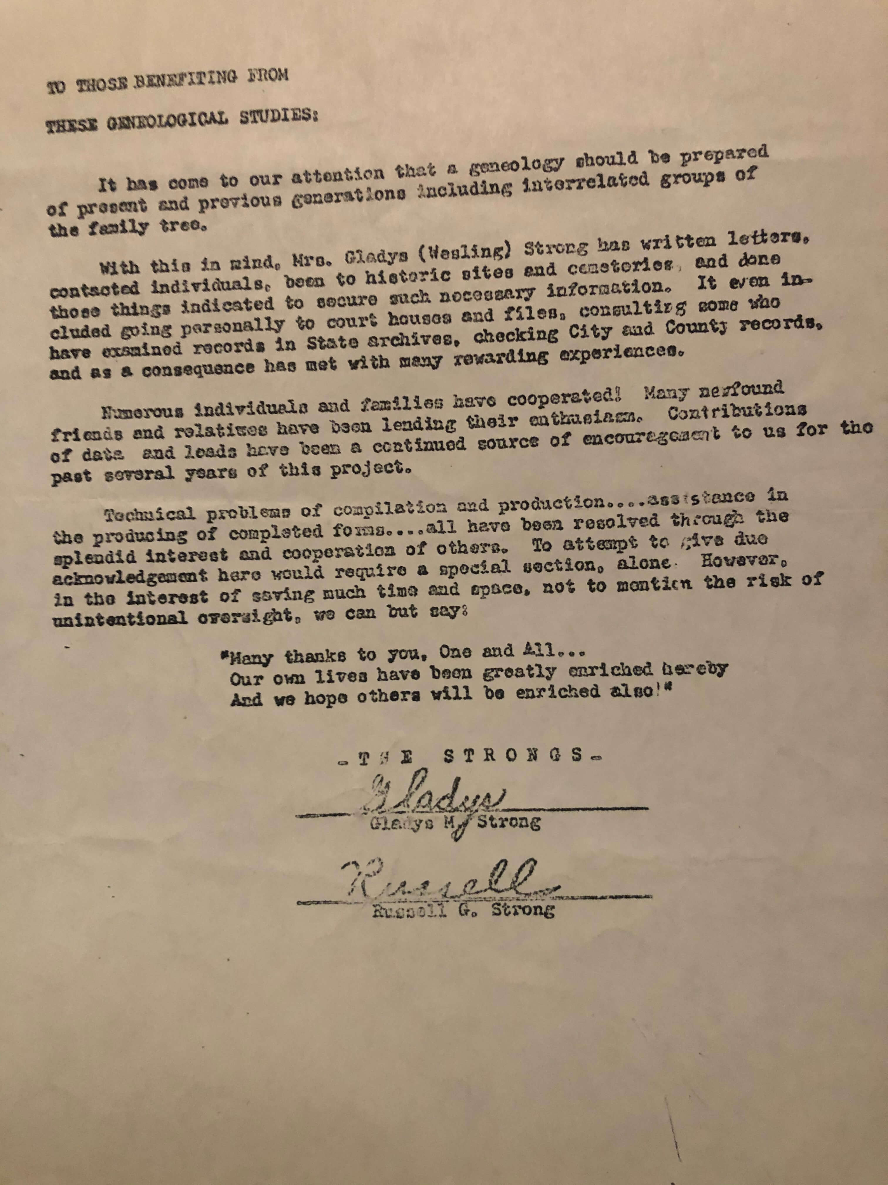 Gladys and Russell Strong Note